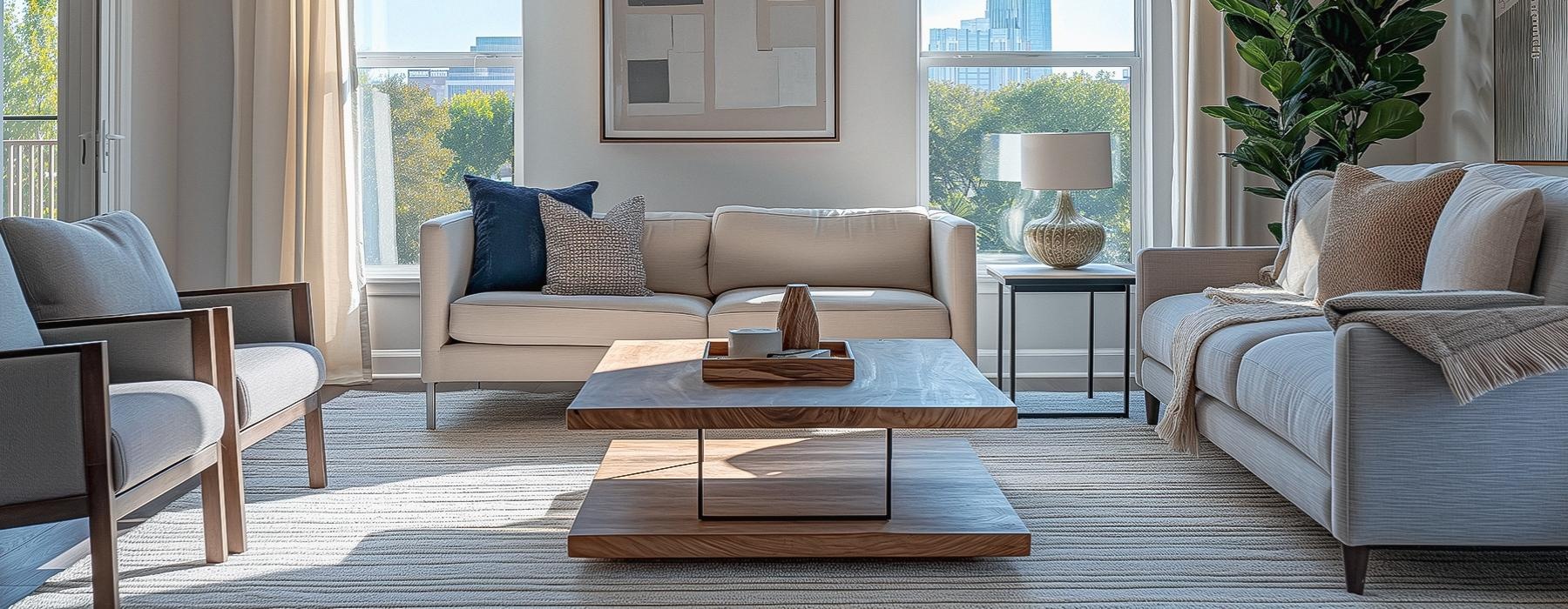 a living room with a couch and coffee table