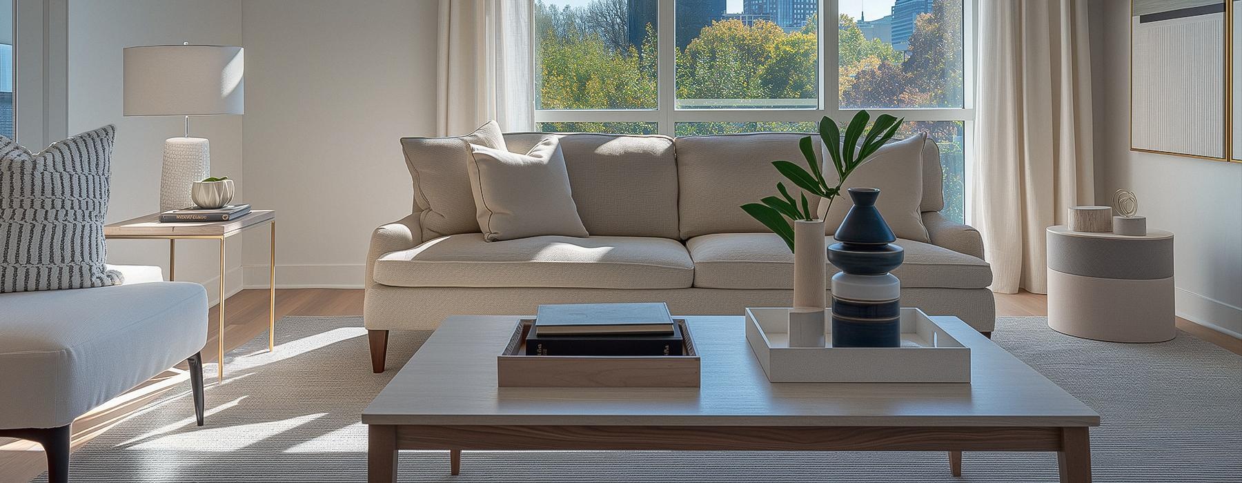 a living room with a couch and a coffee table